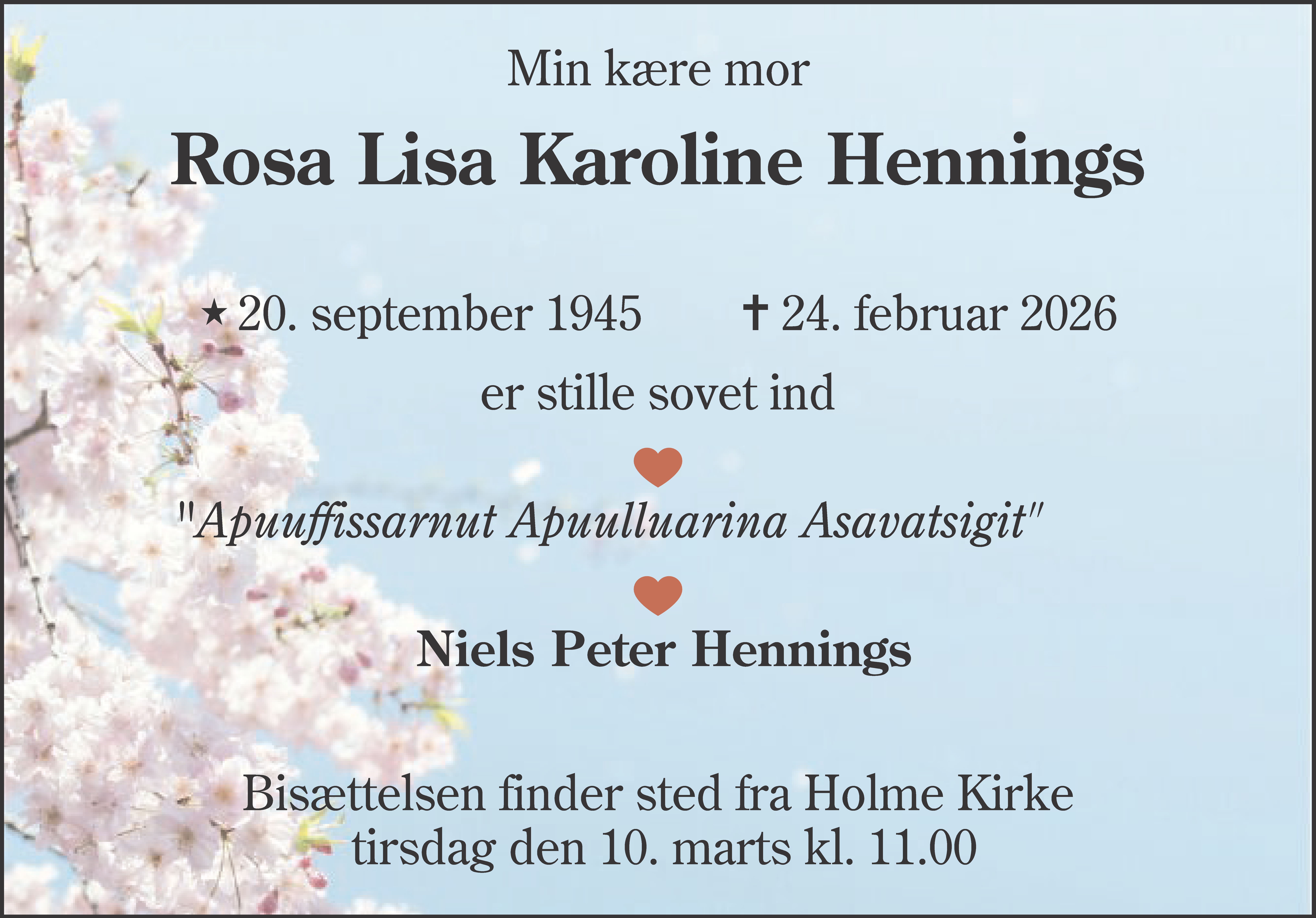 Dødsannonce for Rosa Lisa Hennings