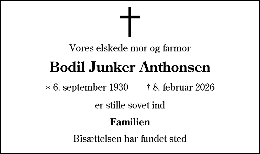 Dødsannonce for Bodil Junker Anthonsen