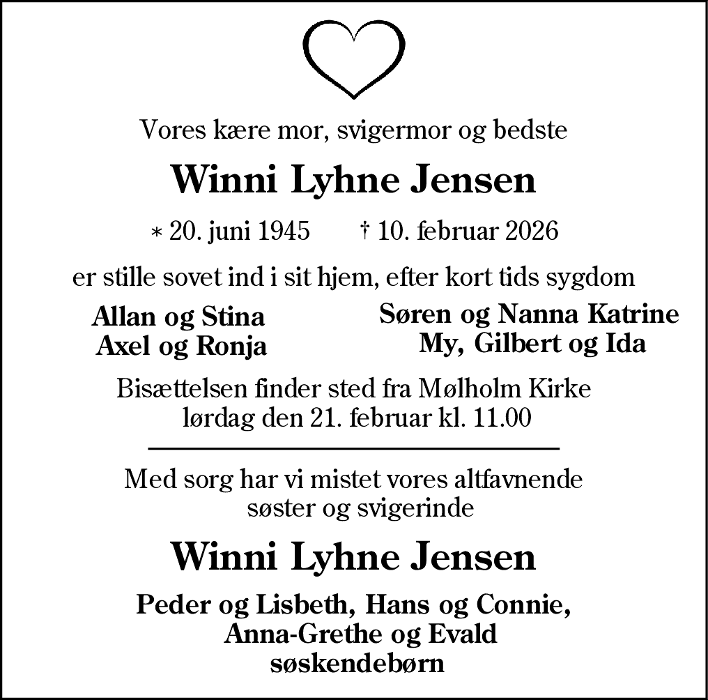 Dødsannonce for Winni Birgit Lyhne Jensen