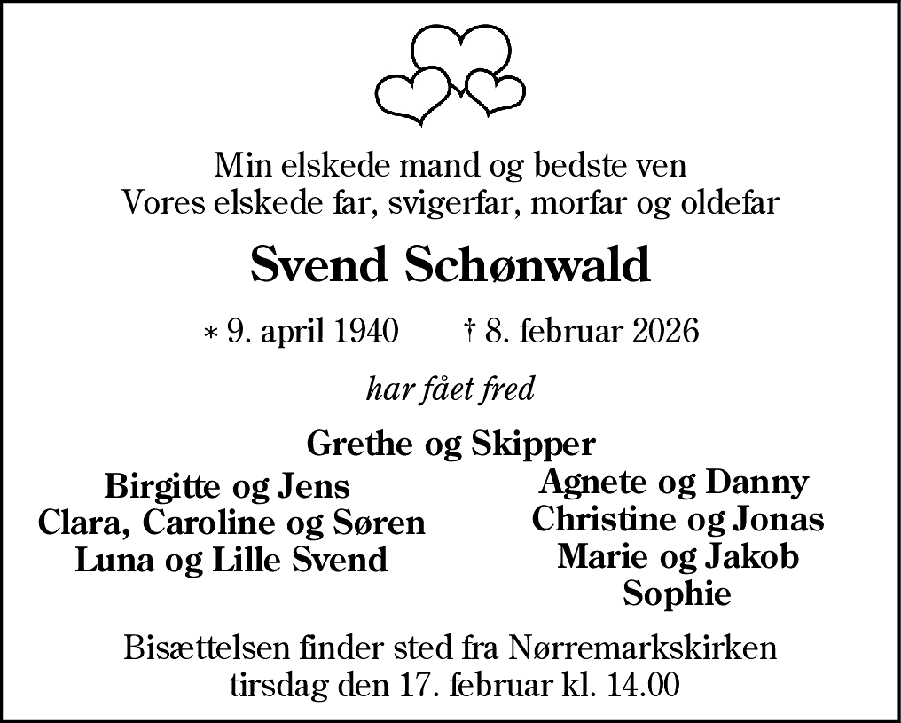 Dødsannonce for Svend Schønwald