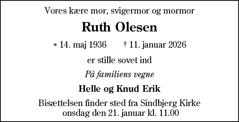 Dødsannonce for Ruth Olesen