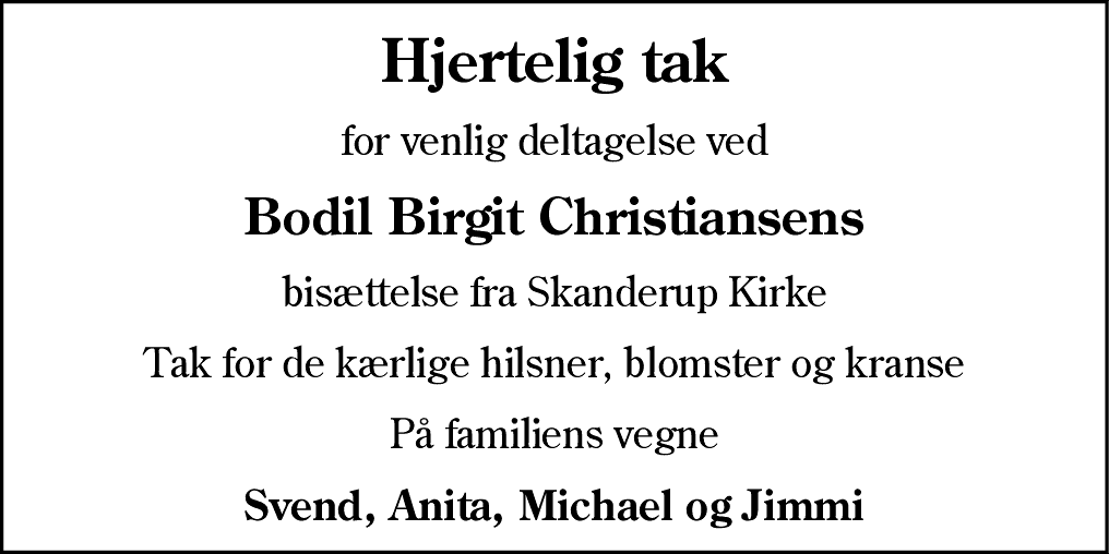 Dødsannonce for Bodil Birgit Christiansen