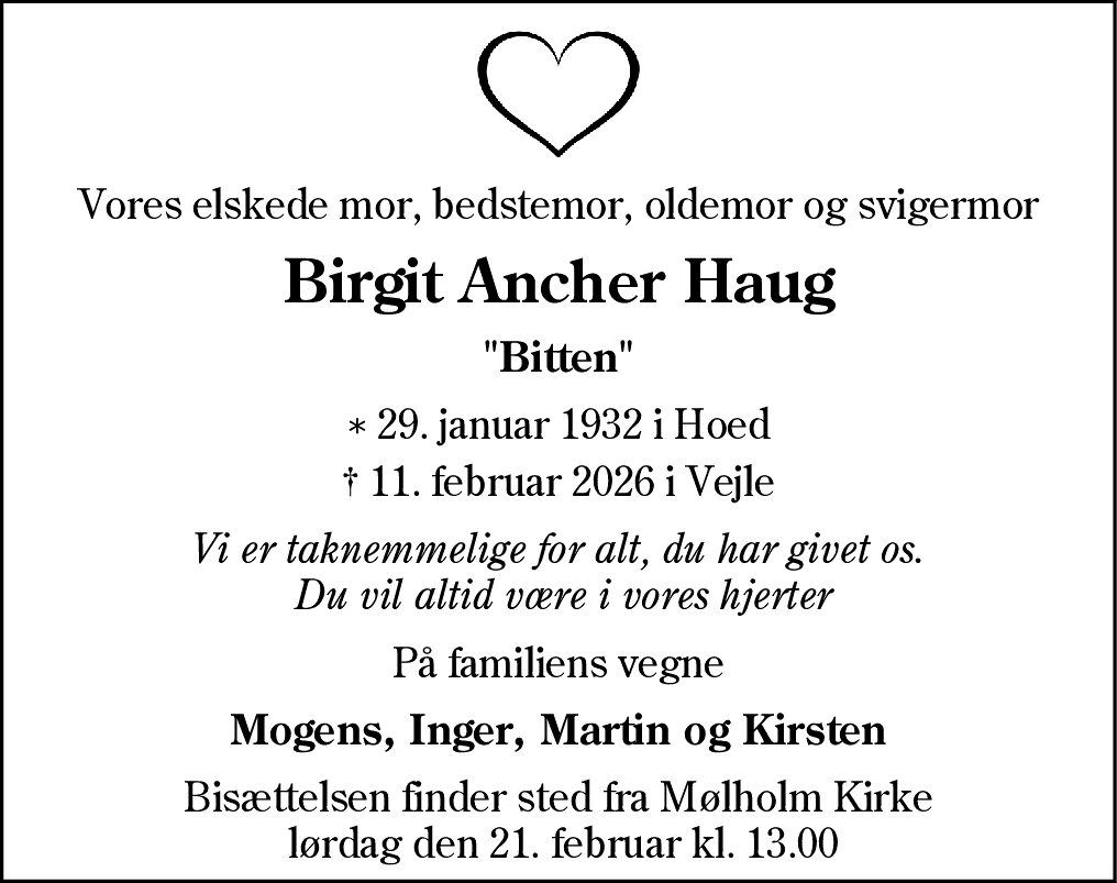 Dødsannonce for Birgit Ancher Haug