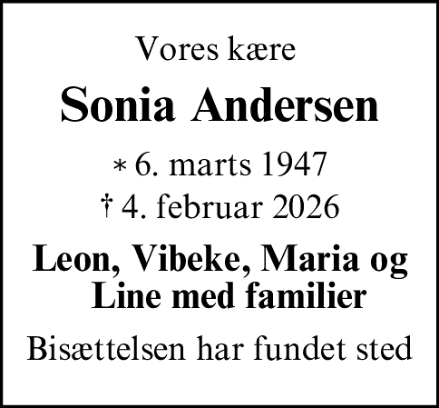 Dødsannonce for Sonia Andersen