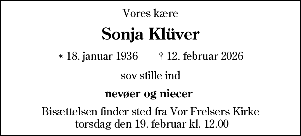Dødsannonce for Sonja Klüver
