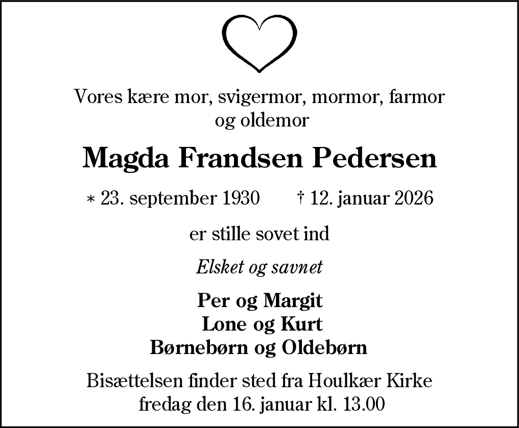 Dødsannonce for Magda Pedersen