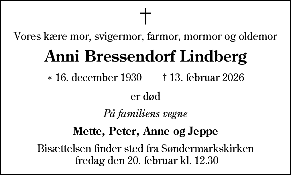 Dødsannonce for Anni Bressendorf Lindberg