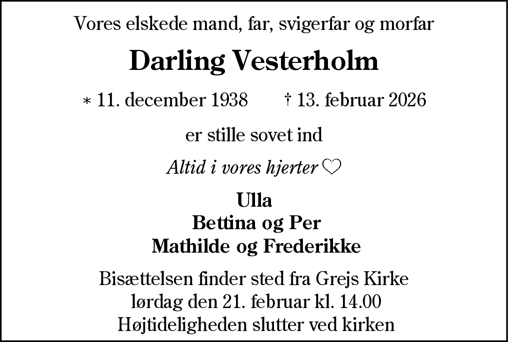 Dødsannonce for Darling Vesterholm