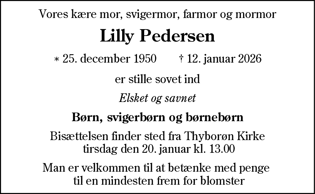 Dødsannonce for Lilly Pedersen