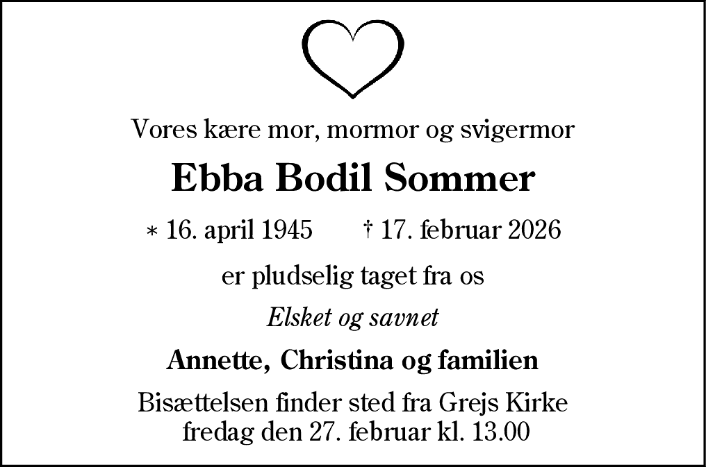 Dødsannonce for Ebba Bodil Sommer