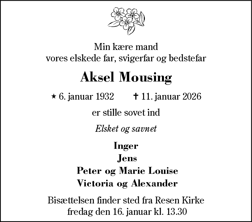 Dødsannonce for Aksel Mousing