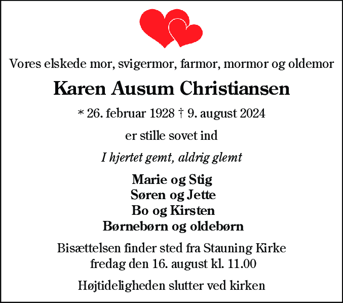Dødsannonce for Karen Ausum Christiansen