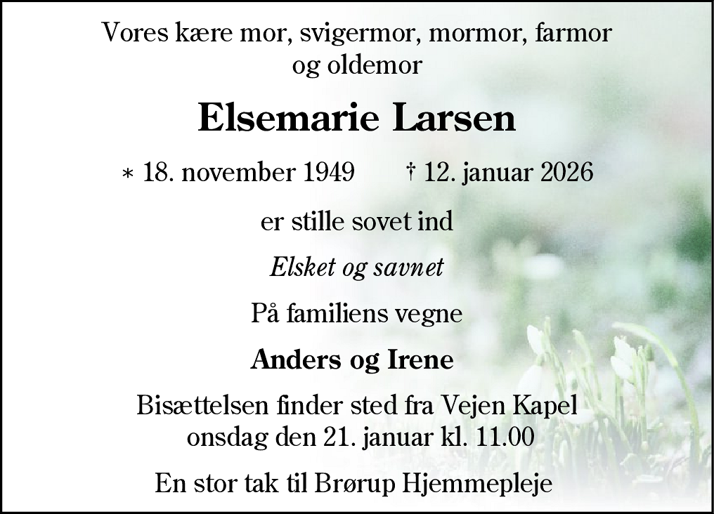 Dødsannonce for Elsemarie Larsen