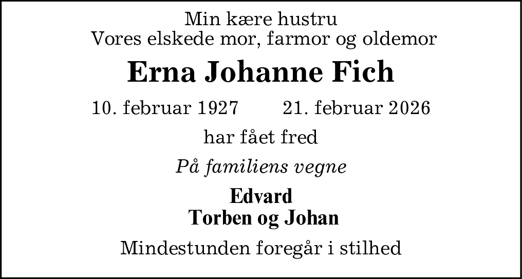 Dødsannonce for Erna Johanne Fich