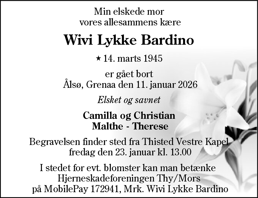 Dødsannonce for Wivi Lykke Bardino