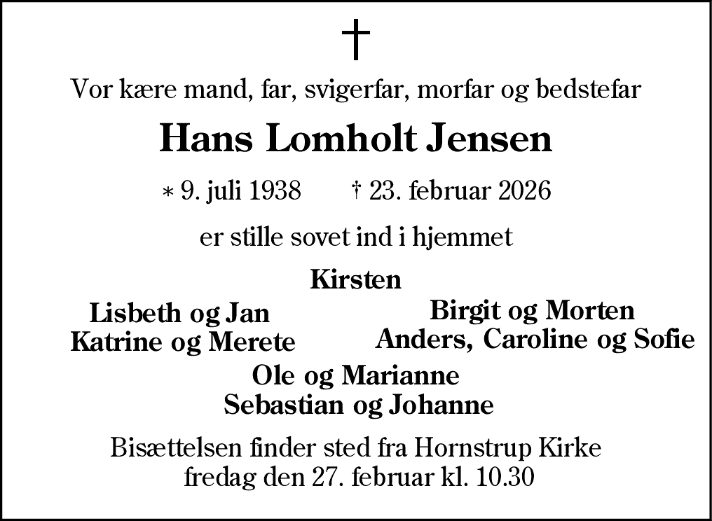 Dødsannonce for Hans Lomholt Jensen