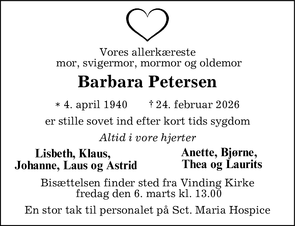 Dødsannonce for Barbara Petersen