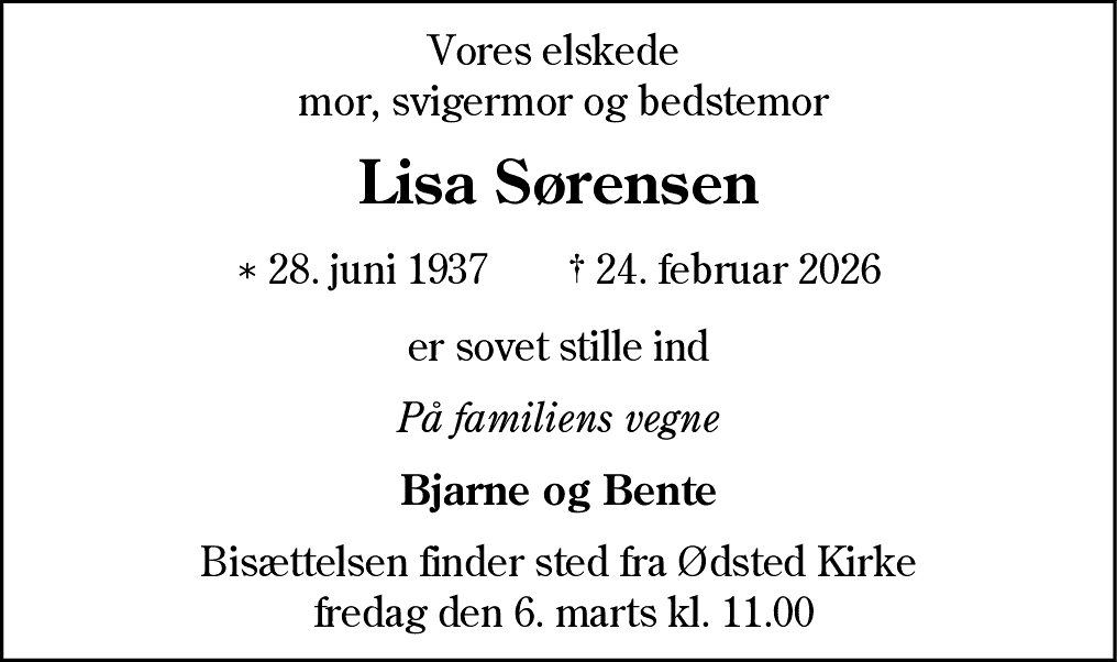 Dødsannonce for Lisa Sørensen