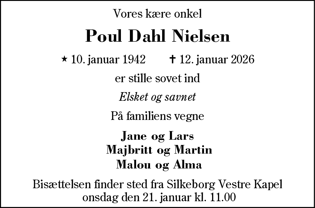 Dødsannonce for Poul Dahl Nielsen