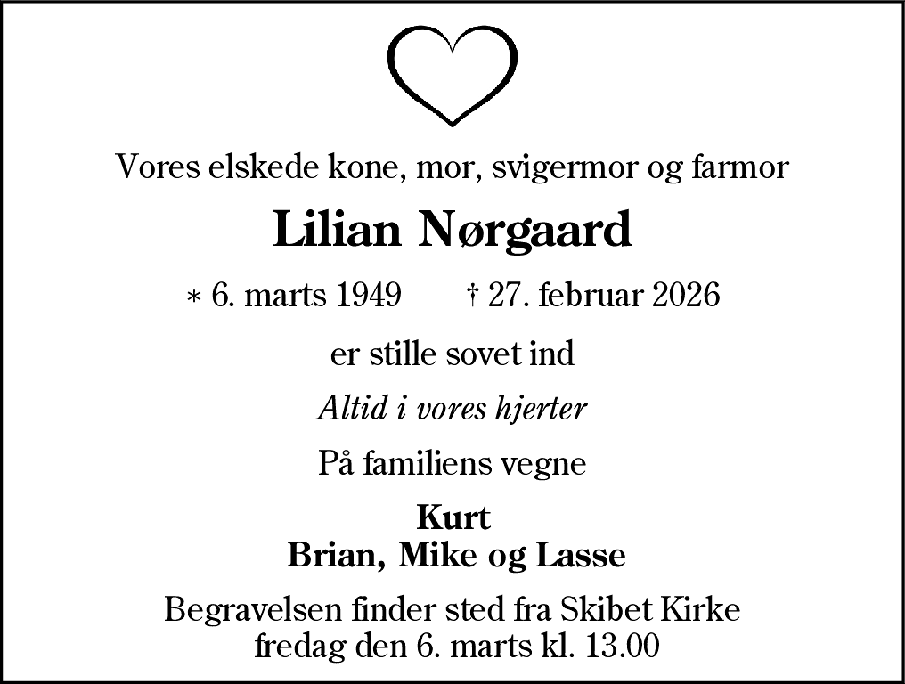 Dødsannonce for Lilian Nørgaard