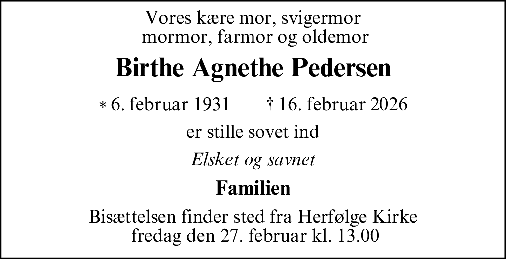 Dødsannonce for Birthe Agnethe Pedersen