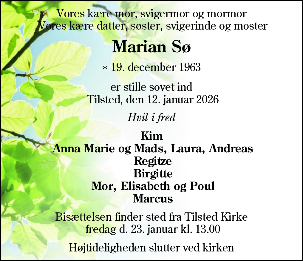 Dødsannonce for Marian Sø