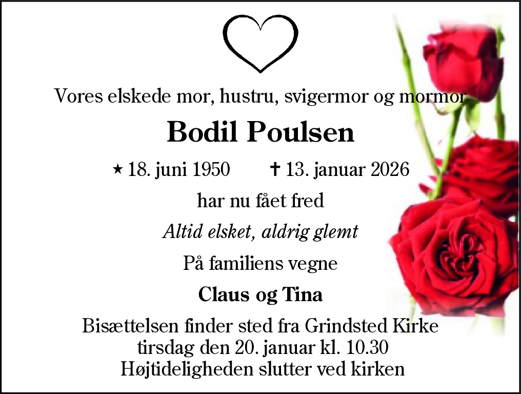 Dødsannonce for Bodil Poulsen
