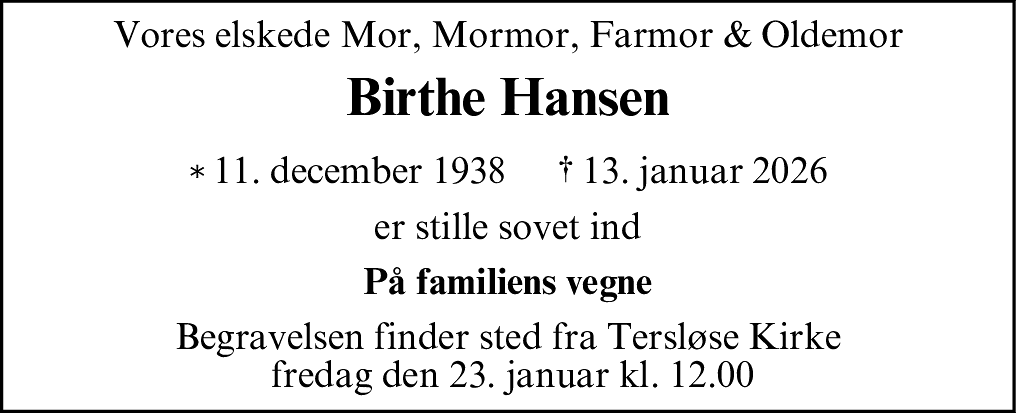 Dødsannonce for Birthe Hansen