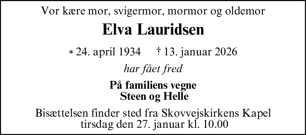 Dødsannonce for Emmelie Elva Pearl Lauridsen