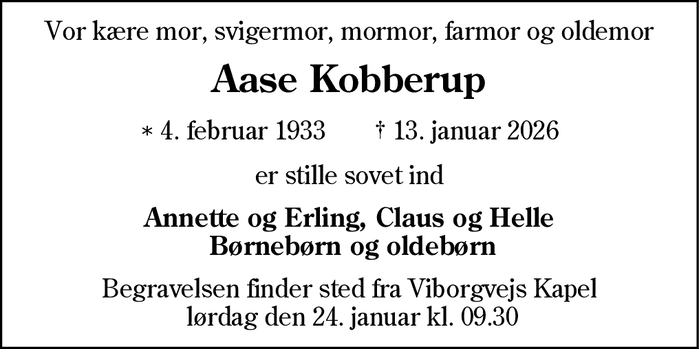 Dødsannonce for Aase Kobberup