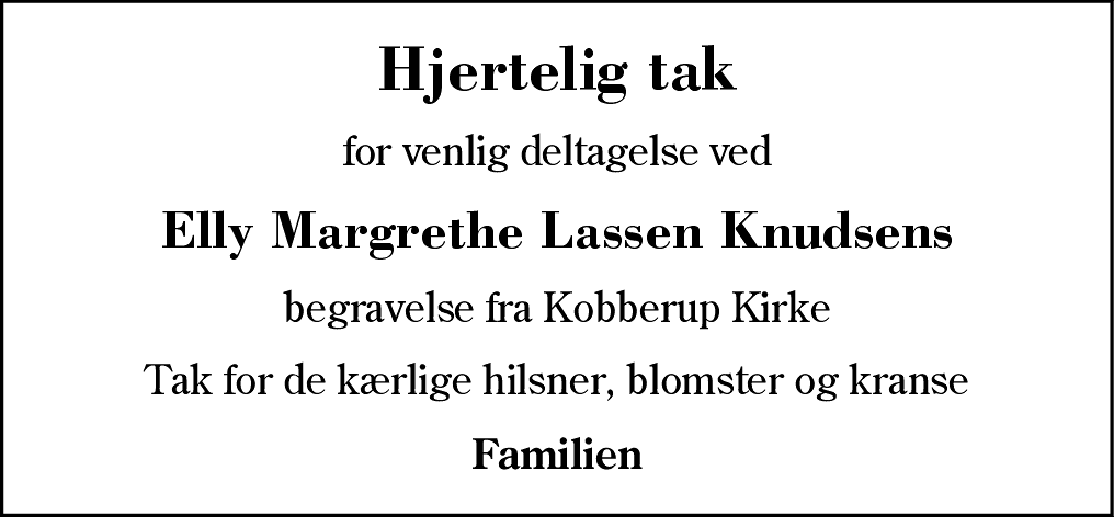 Dødsannonce for Elly Margrethe Lassen Knudsen