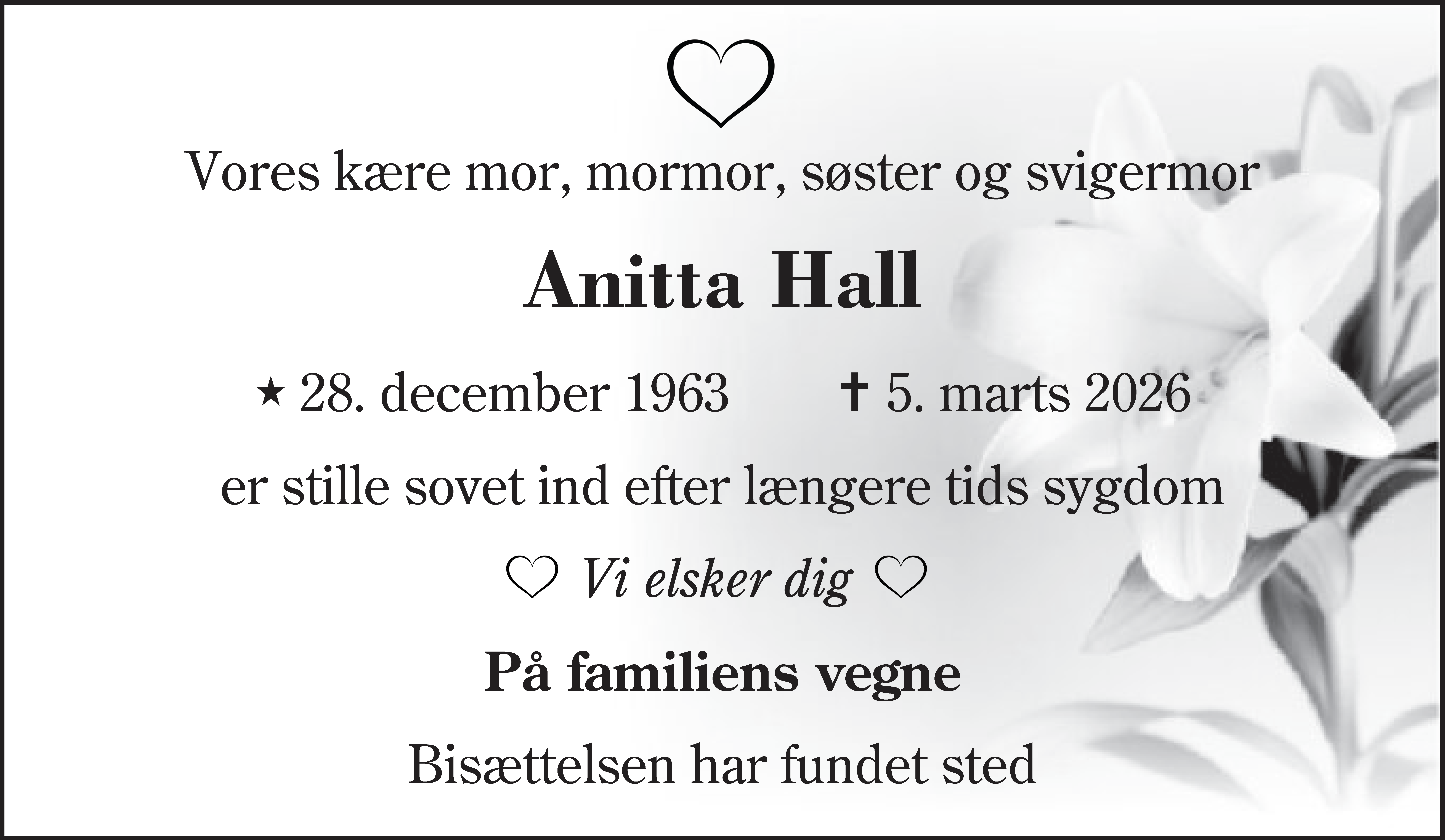 Dødsannonce for Anitta Hall