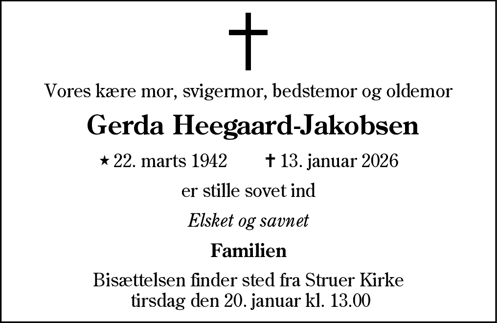 Dødsannonce for Karoline Gerda Bibiane Heegaard-Jakobsen