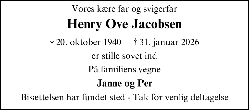 Dødsannonce for Henry Ove Jacobsen