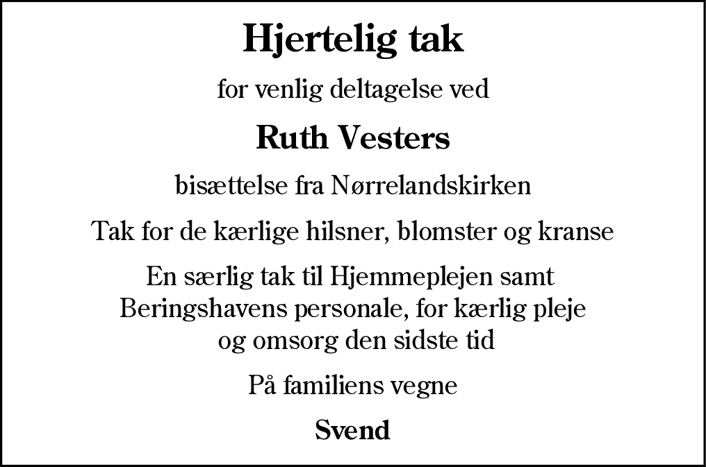 Dødsannonce for Ruth Vester