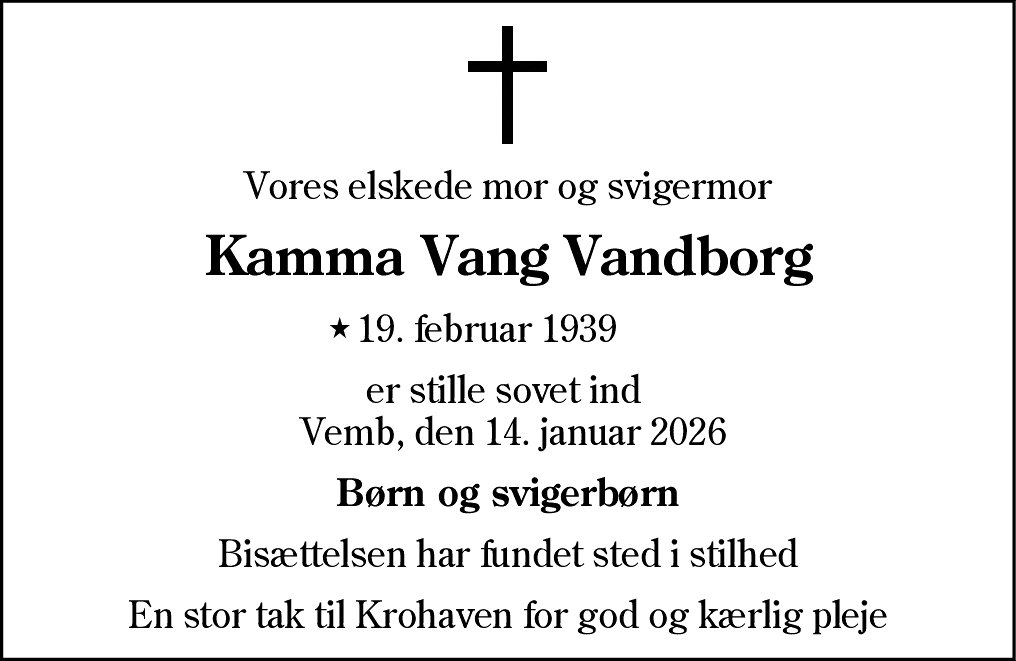 Dødsannonce for Kamma Vang Vandborg