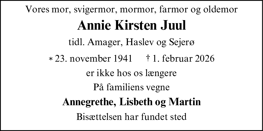 Dødsannonce for Annie Kirsten Juul