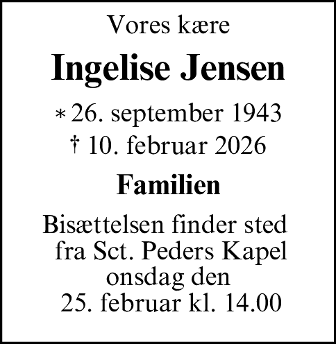 Dødsannonce for Ingelise Jensen