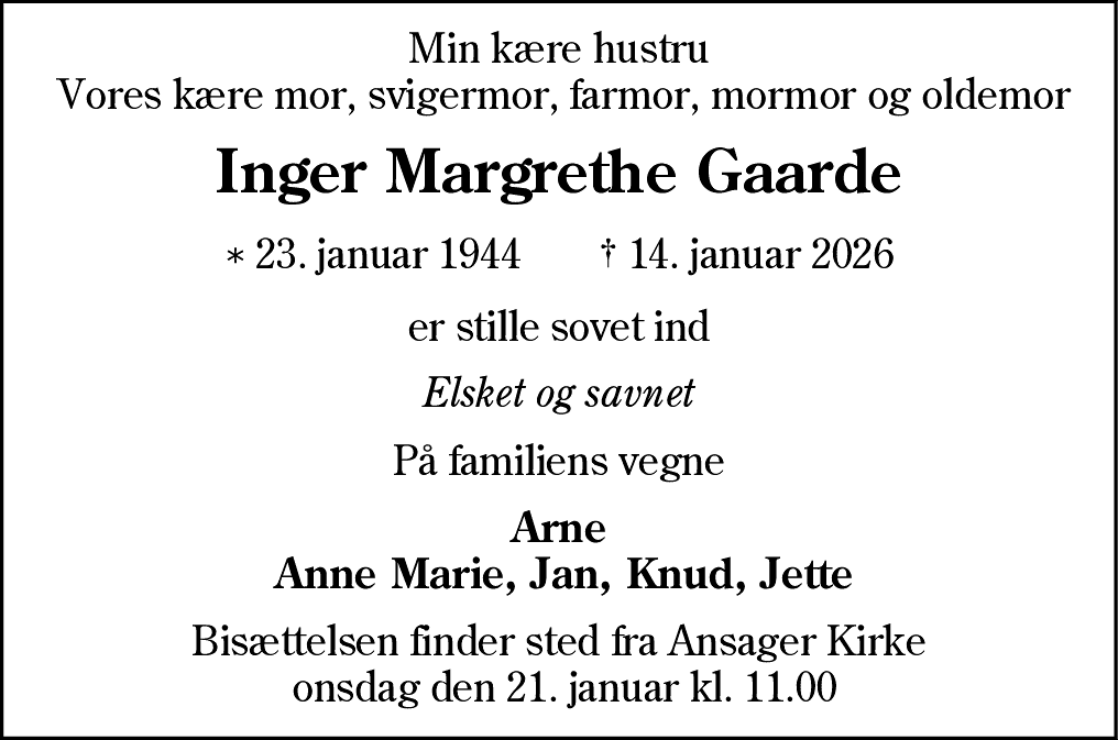 Dødsannonce for Inger Margrethe Gaarde