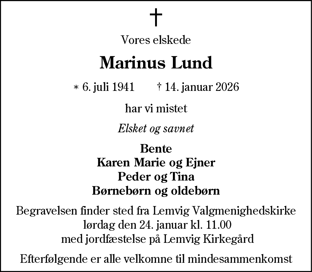 Dødsannonce for Marinus Lund