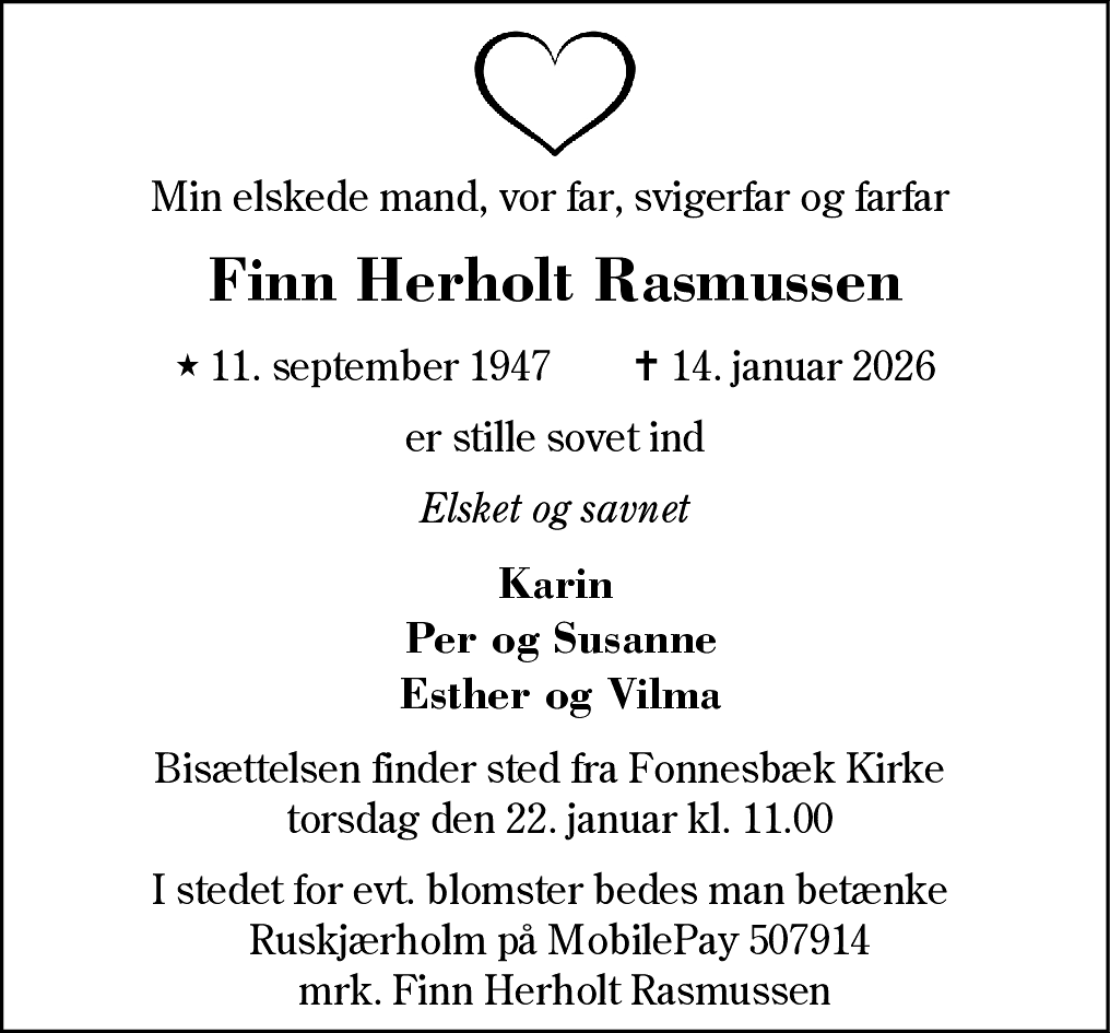Dødsannonce for Finn Herholt Rasmussen