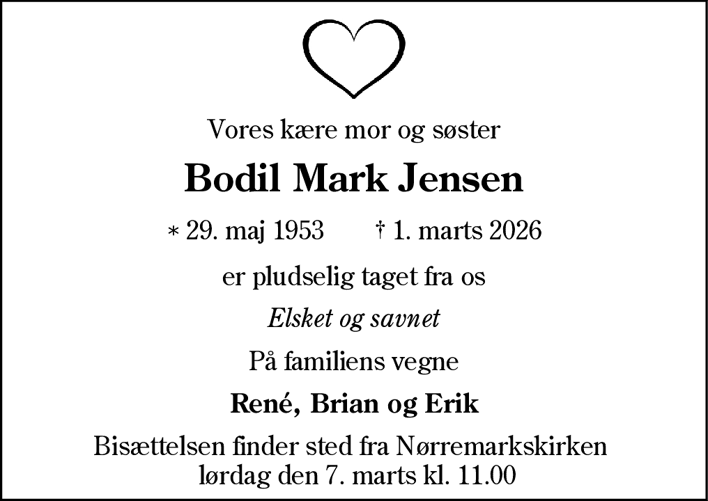 Dødsannonce for Bodil Mark Jensen