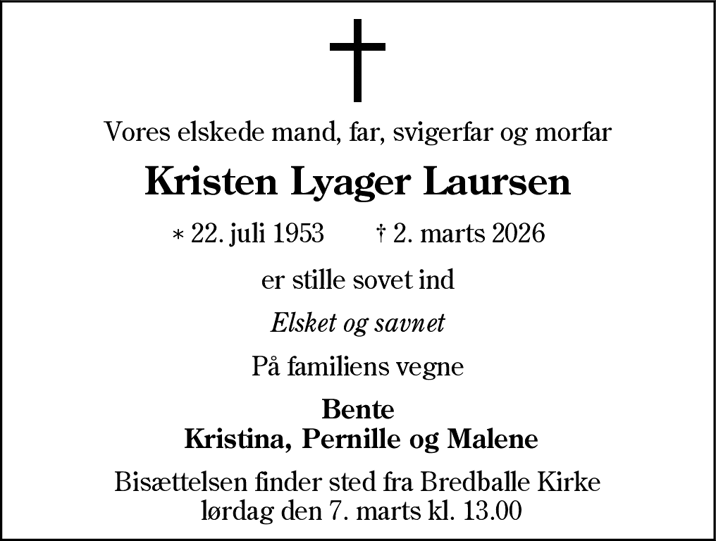 Dødsannonce for Kristen Lyager Laursen