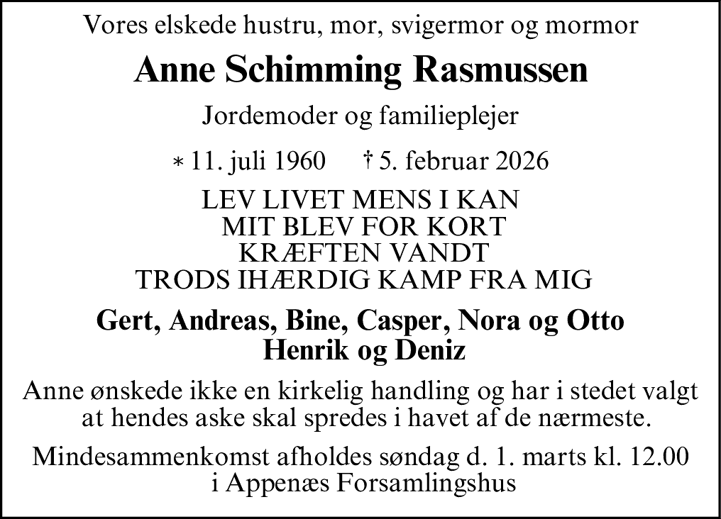 Dødsannonce for Anne Schimming Rasmussen