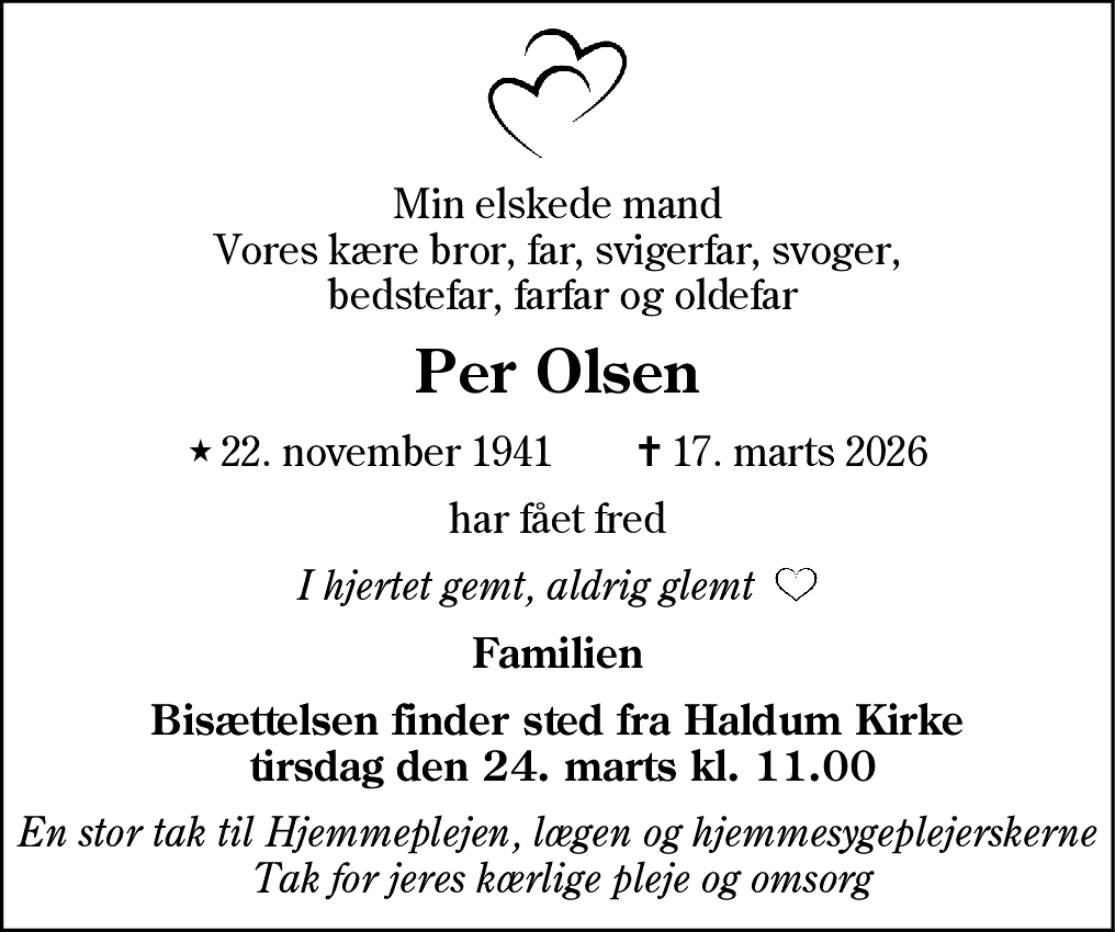 Dødsannonce for Per Olsen