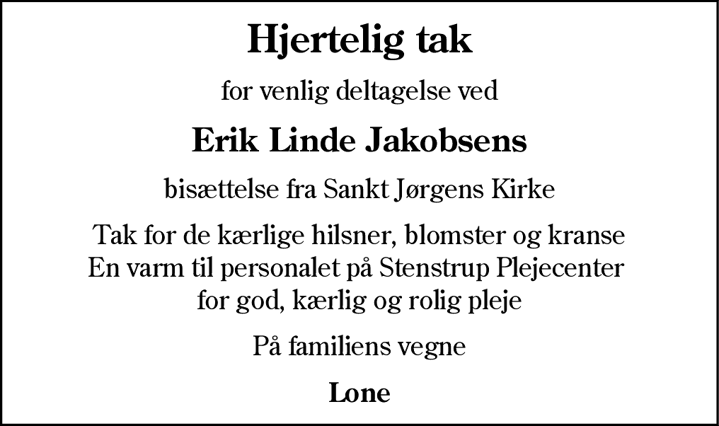 Dødsannonce for Erik Linde Jakobsen