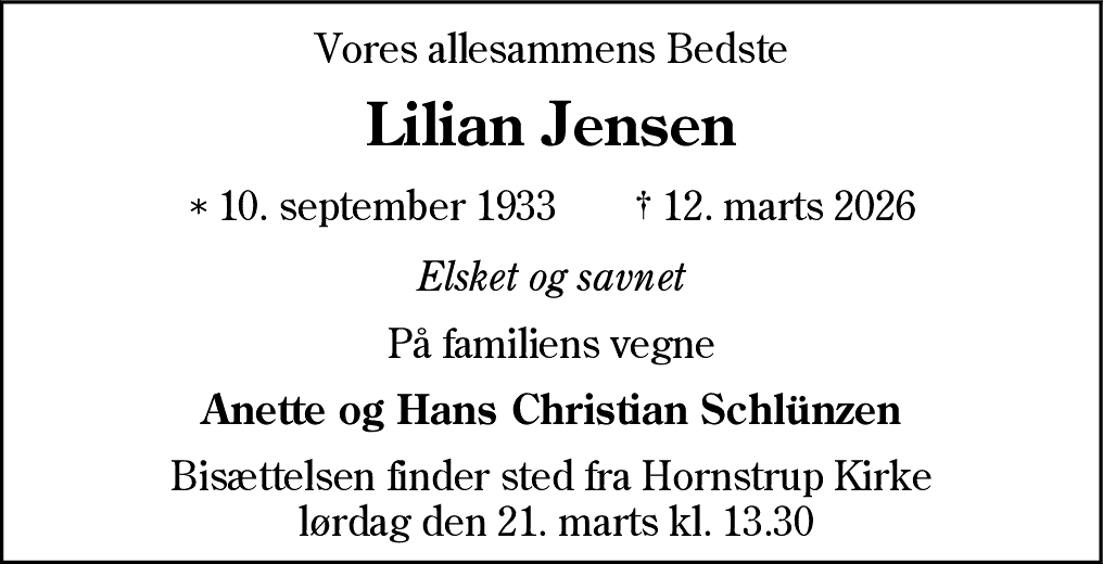 Dødsannonce for Lilian Jensen