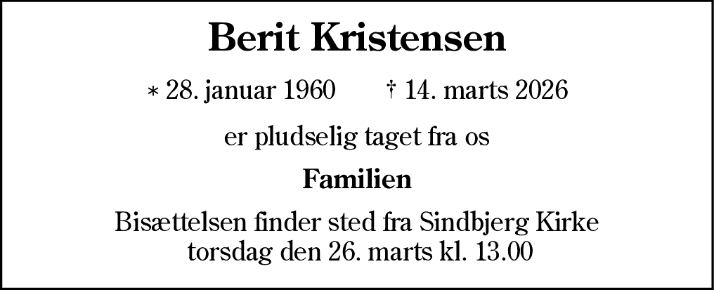 Dødsannonce for Berit Kristensen