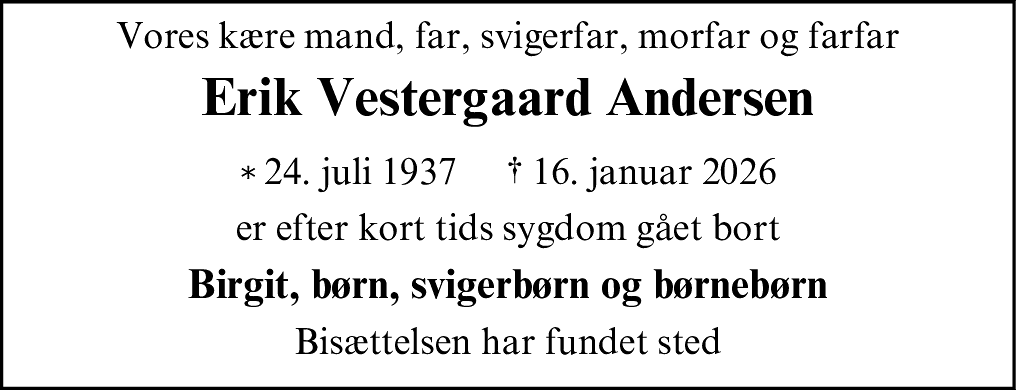 Dødsannonce for Erik Vestergaard Andersen