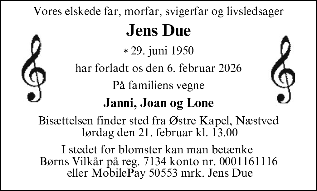 Dødsannonce for Jens Due